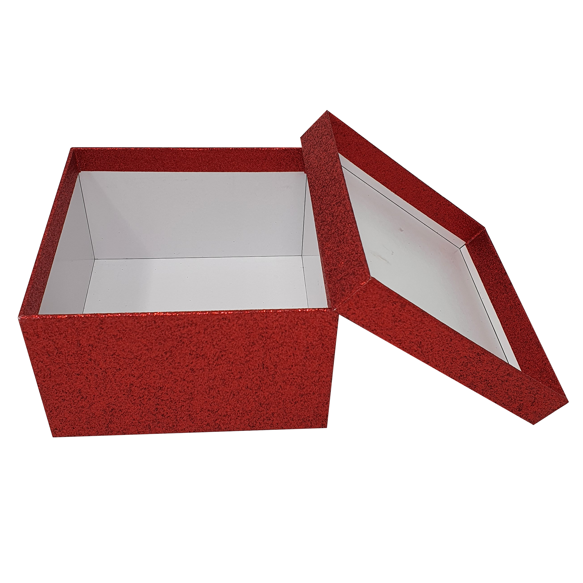 Quadratische, starre, stapelbare Geschenkboxen mit funkelndem Glitzer in Rotwein