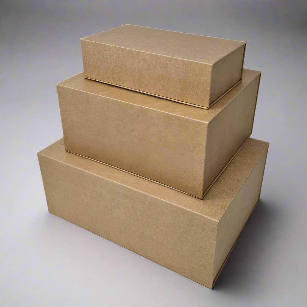 Three nested rectangular boxes in a tiered stack, natural kraft colour , shown on a plain background.