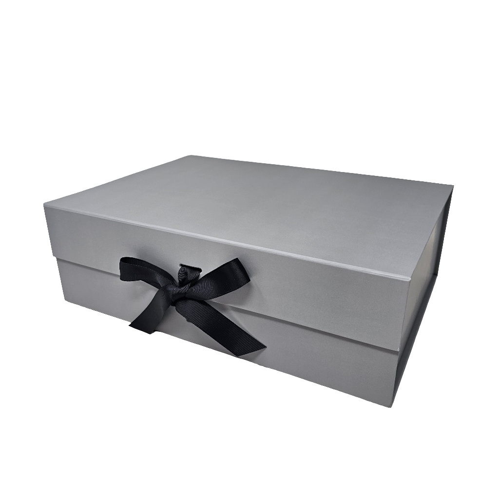 A4 Silver Grey Magnetic Gift Box with Ribbon – Luxury Folding Hamper Box (Single or Bulk Packs)