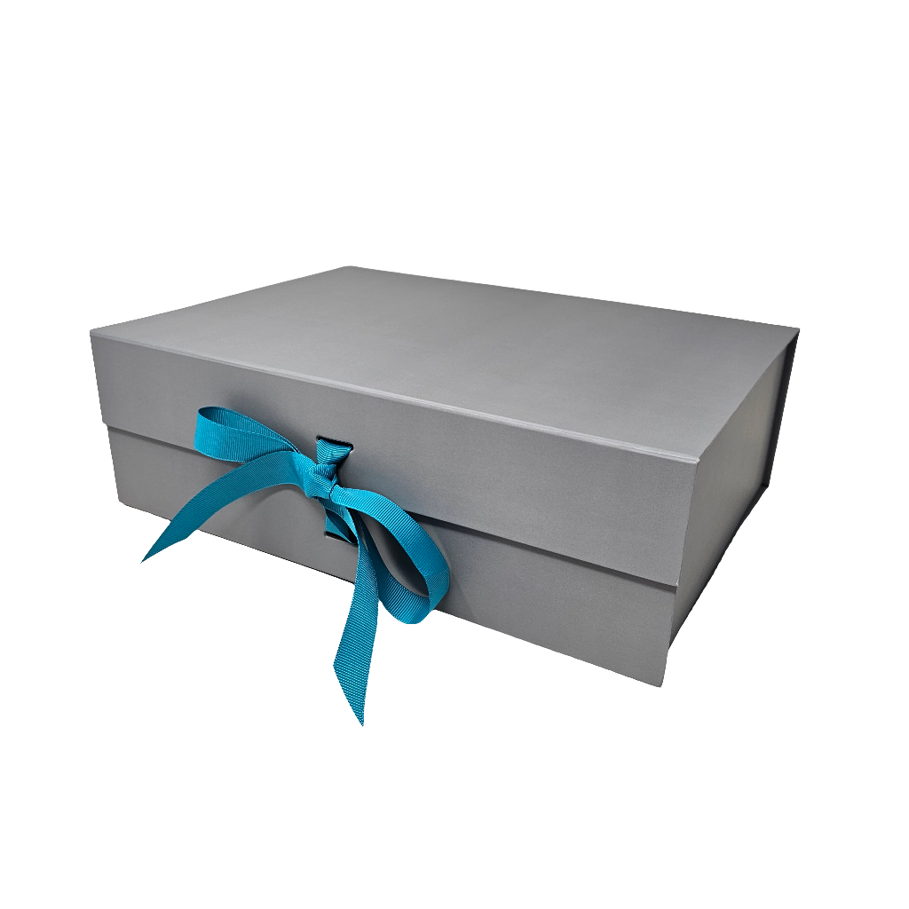 A4 Silver Grey Magnetic Gift Box with Ribbon – Luxury Folding Hamper Box (Single or Bulk Packs)