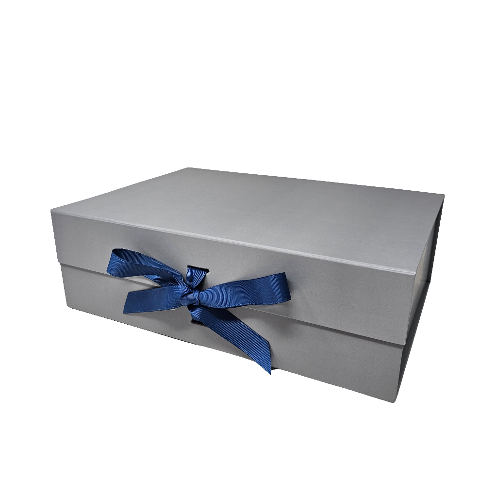 A4 Silver Grey Magnetic Gift Box with Ribbon – Luxury Folding Hamper Box (Single or Bulk Packs)