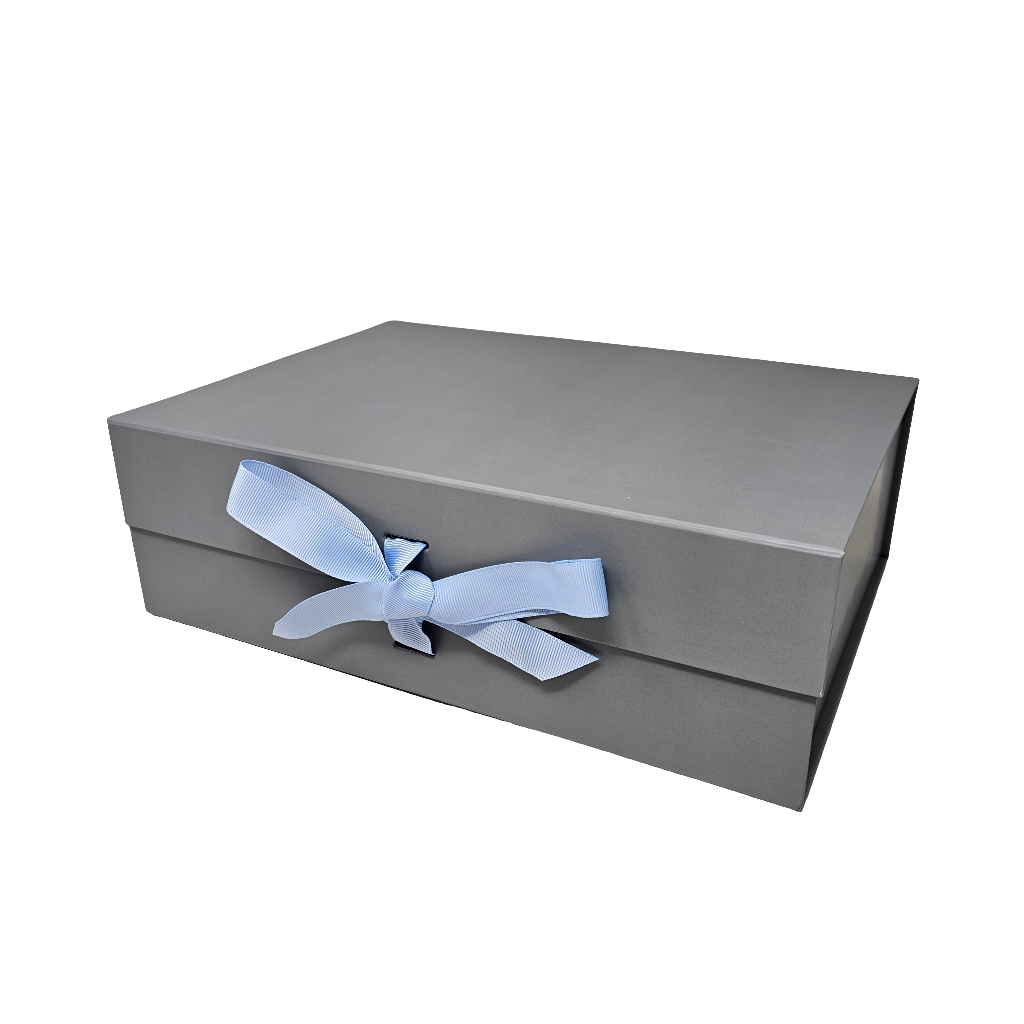 A4 Silver Grey Magnetic Gift Box with Ribbon – Luxury Folding Hamper Box (Single or Bulk Packs)