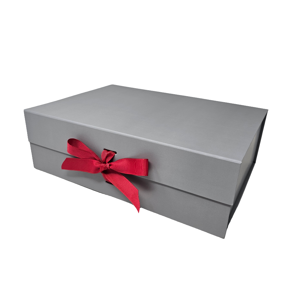 A4 Silver Grey Magnetic Gift Box with Ribbon – Luxury Folding Hamper Box (Single or Bulk Packs)