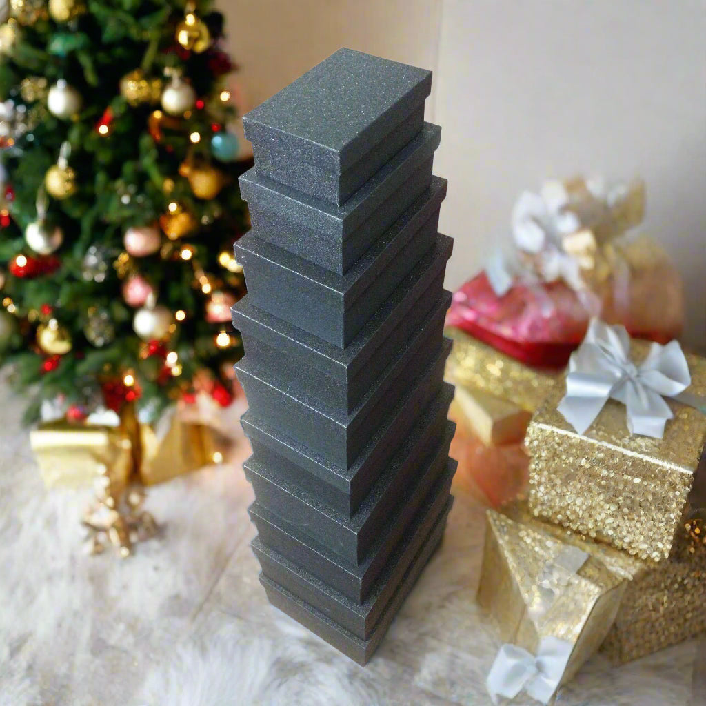 Wholesale Black Rectangular Sparkly Glitter Rigid Stacking Gift Boxes