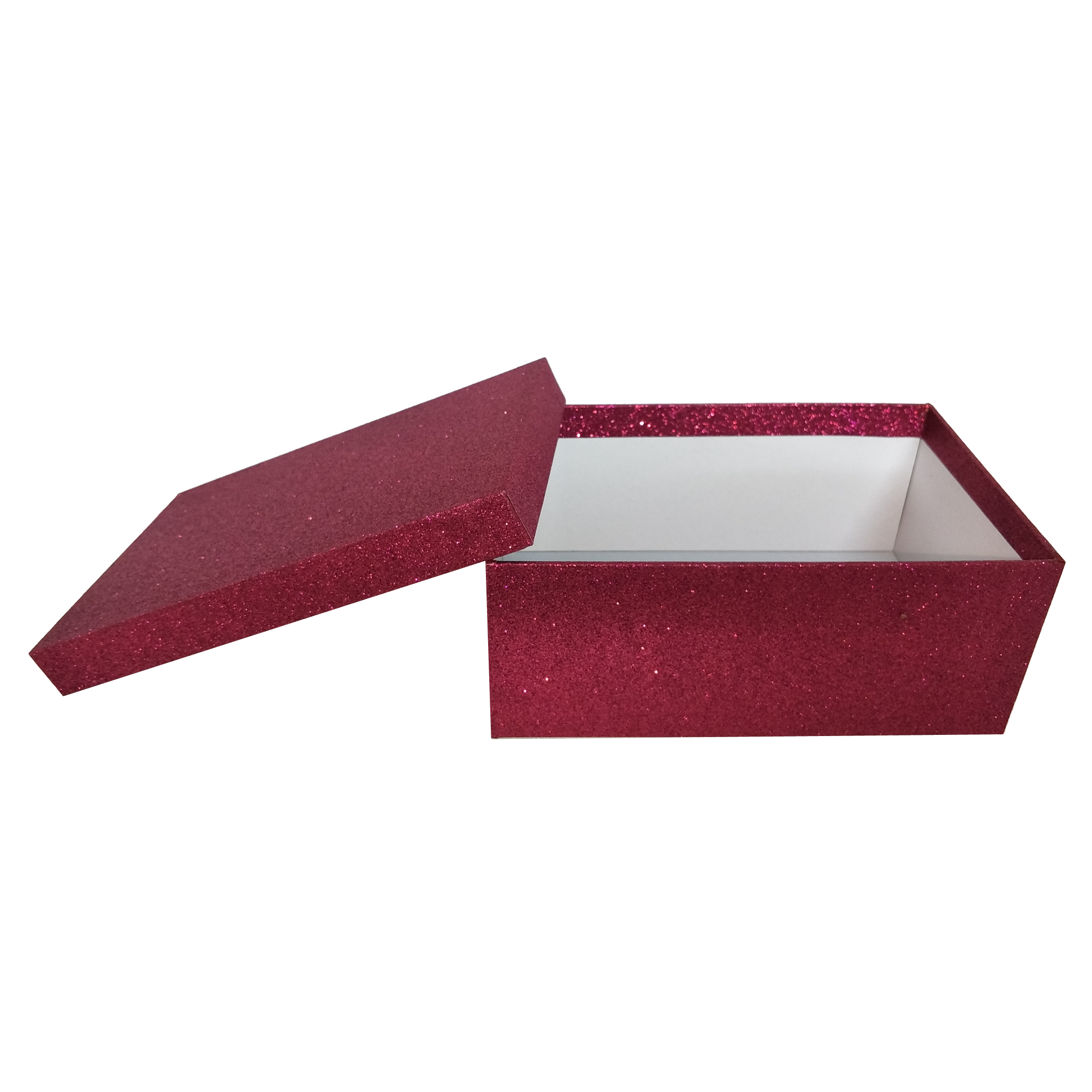 Funkelnde, rubinrote, rechteckige, glitzernde, starre, verschachtelte Geschenkbox