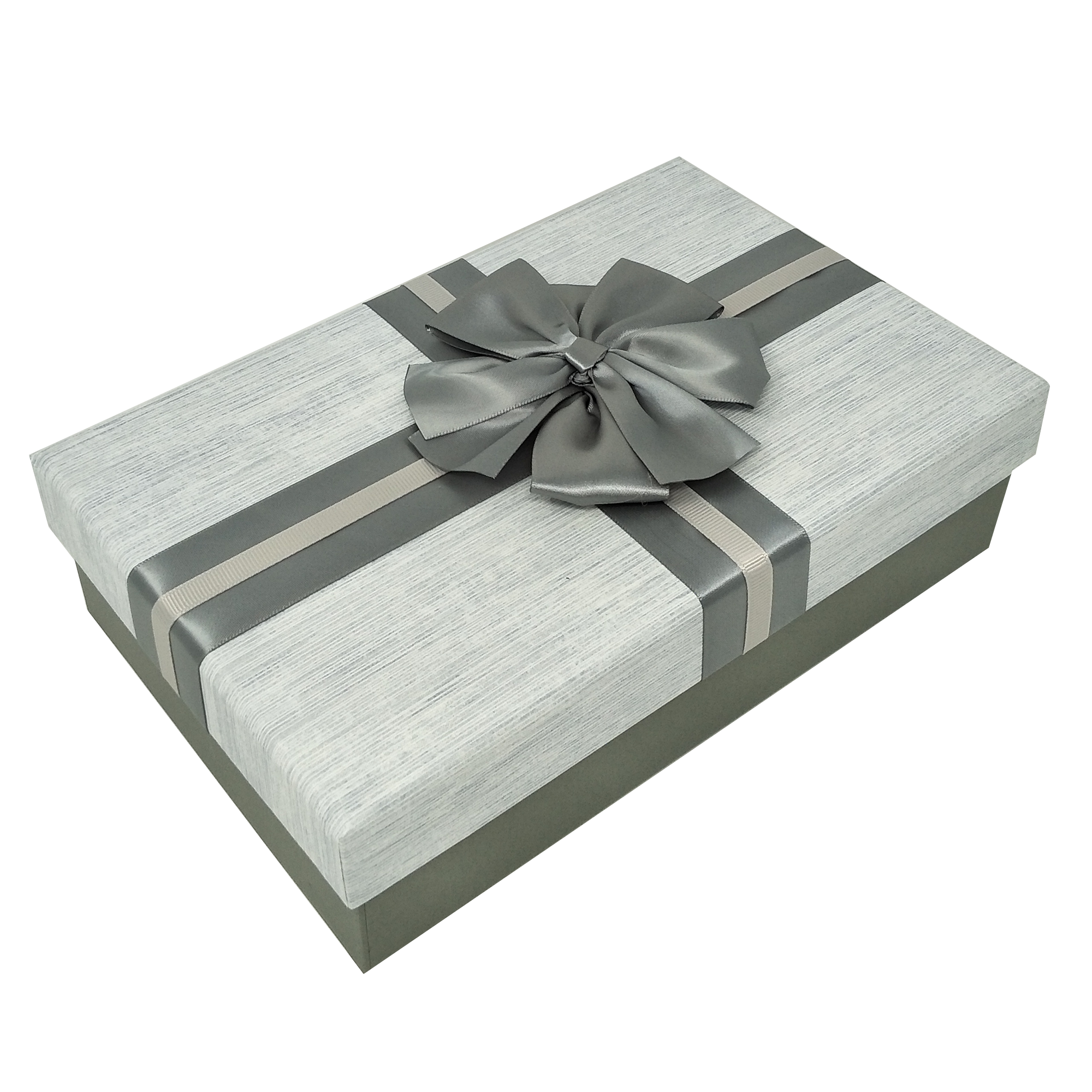 Luxury Extra Large Rectangular Striped Textured Rigid Gift Box With Silver Ribbon & Bow