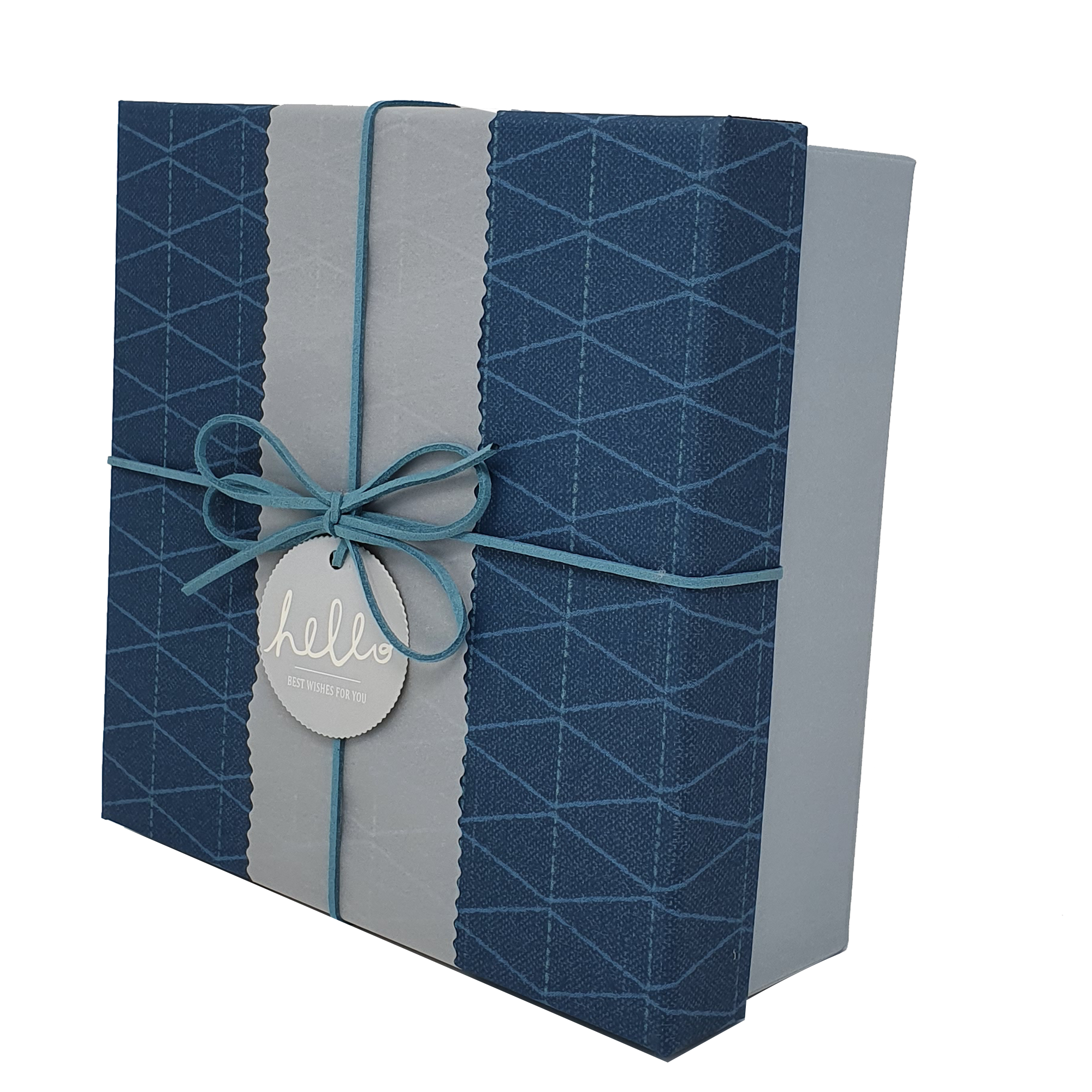 Quadratische, starre Geschenkbox mit geometrischem Muster, mit Band und Hülle