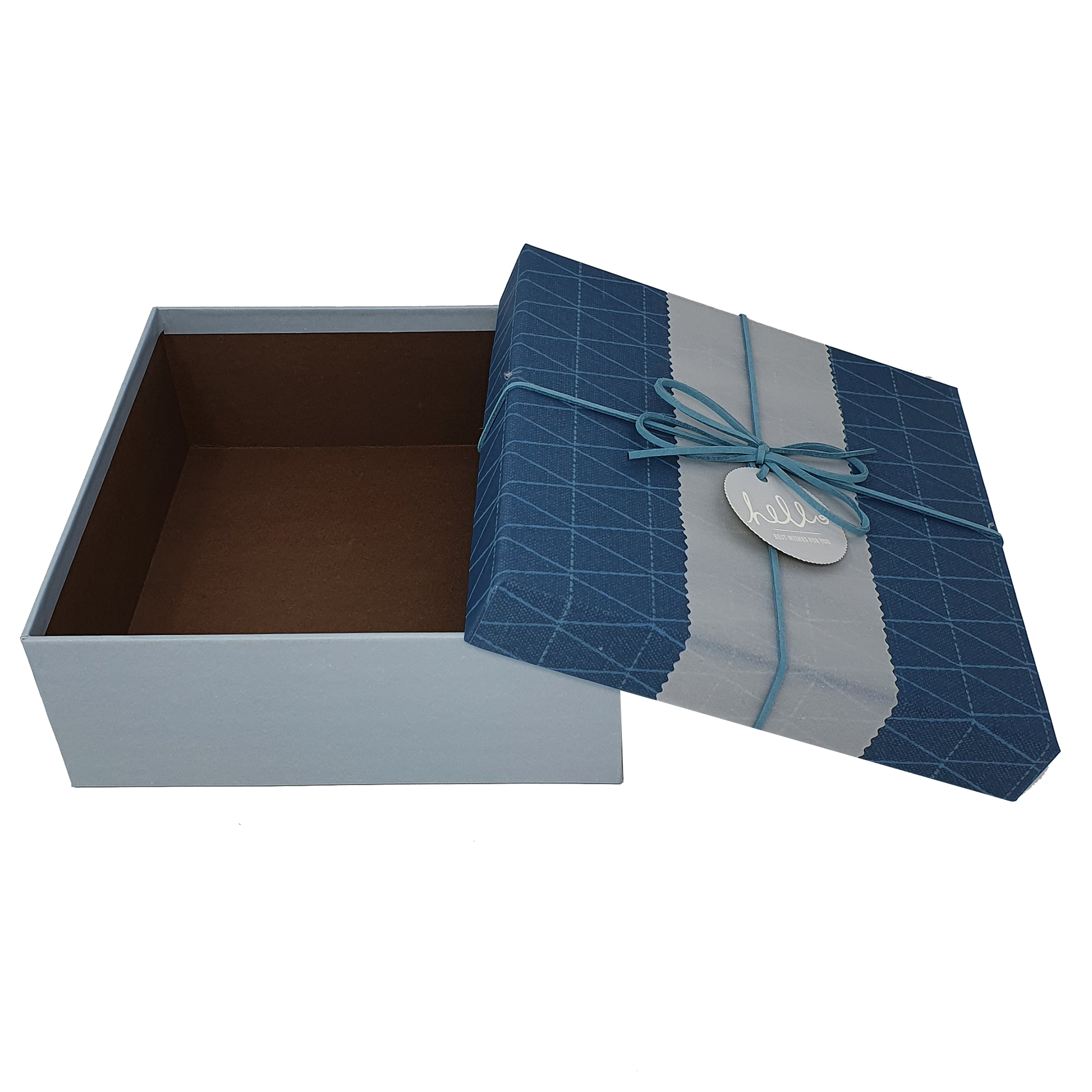 Quadratische, starre Geschenkbox mit geometrischem Muster, mit Band und Hülle