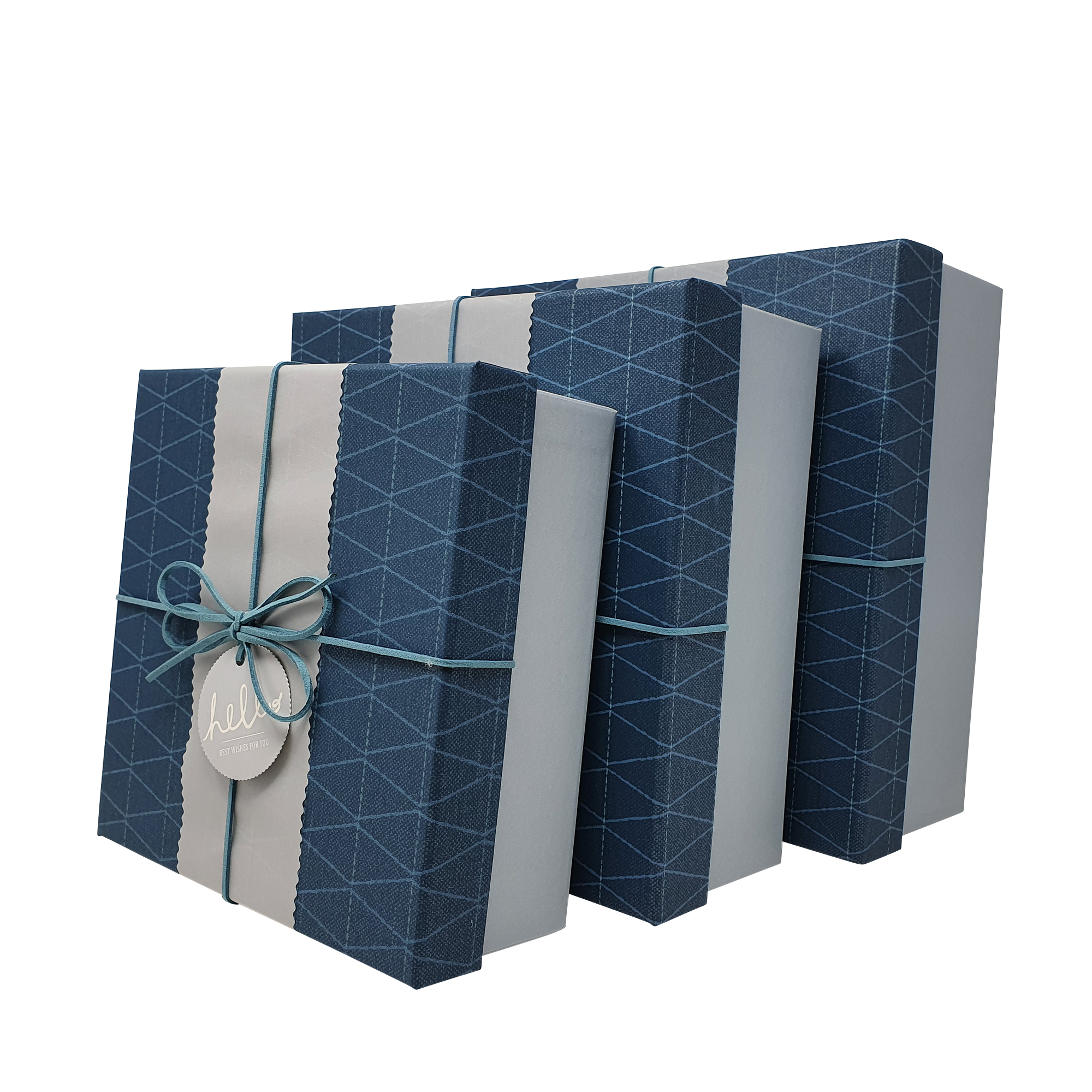 Quadratische, starre Geschenkbox mit geometrischem Muster, mit Band und Hülle