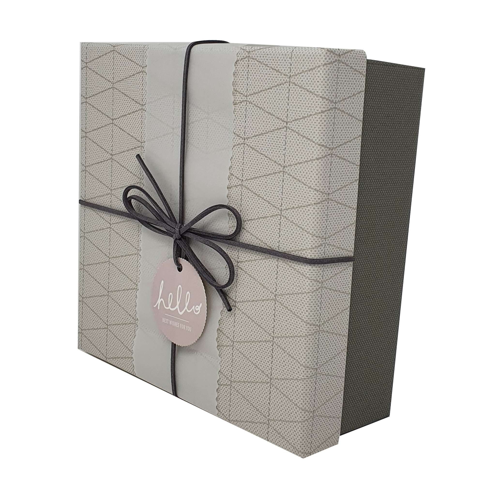 Quadratische, starre Geschenkbox mit geometrischem Muster, mit Band und Hülle