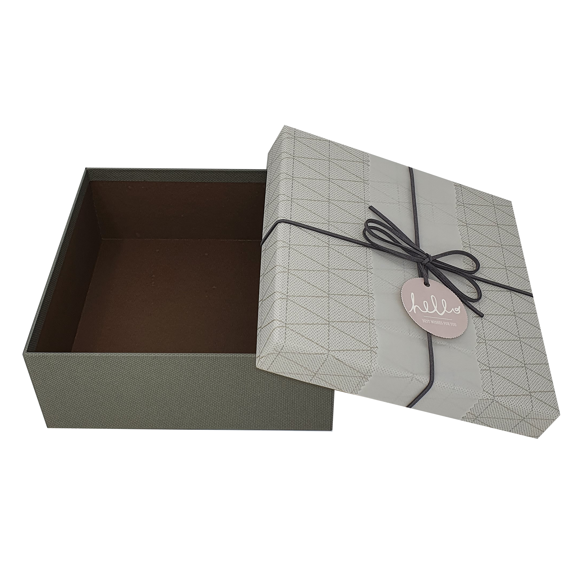 Quadratische, starre Geschenkbox mit geometrischem Muster, mit Band und Hülle