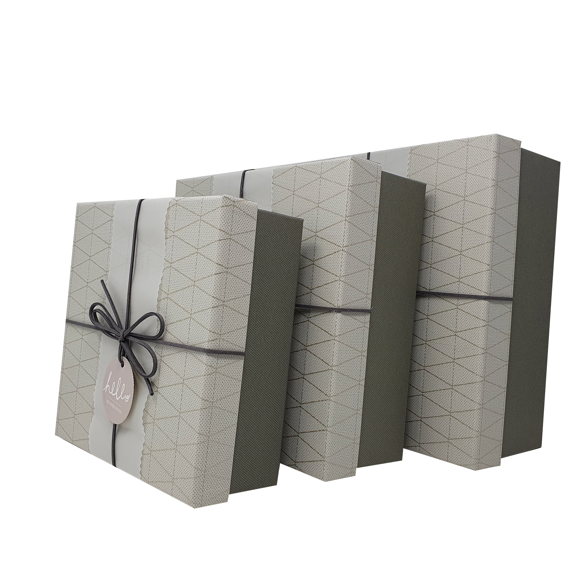 Quadratische, starre Geschenkbox mit geometrischem Muster, mit Band und Hülle