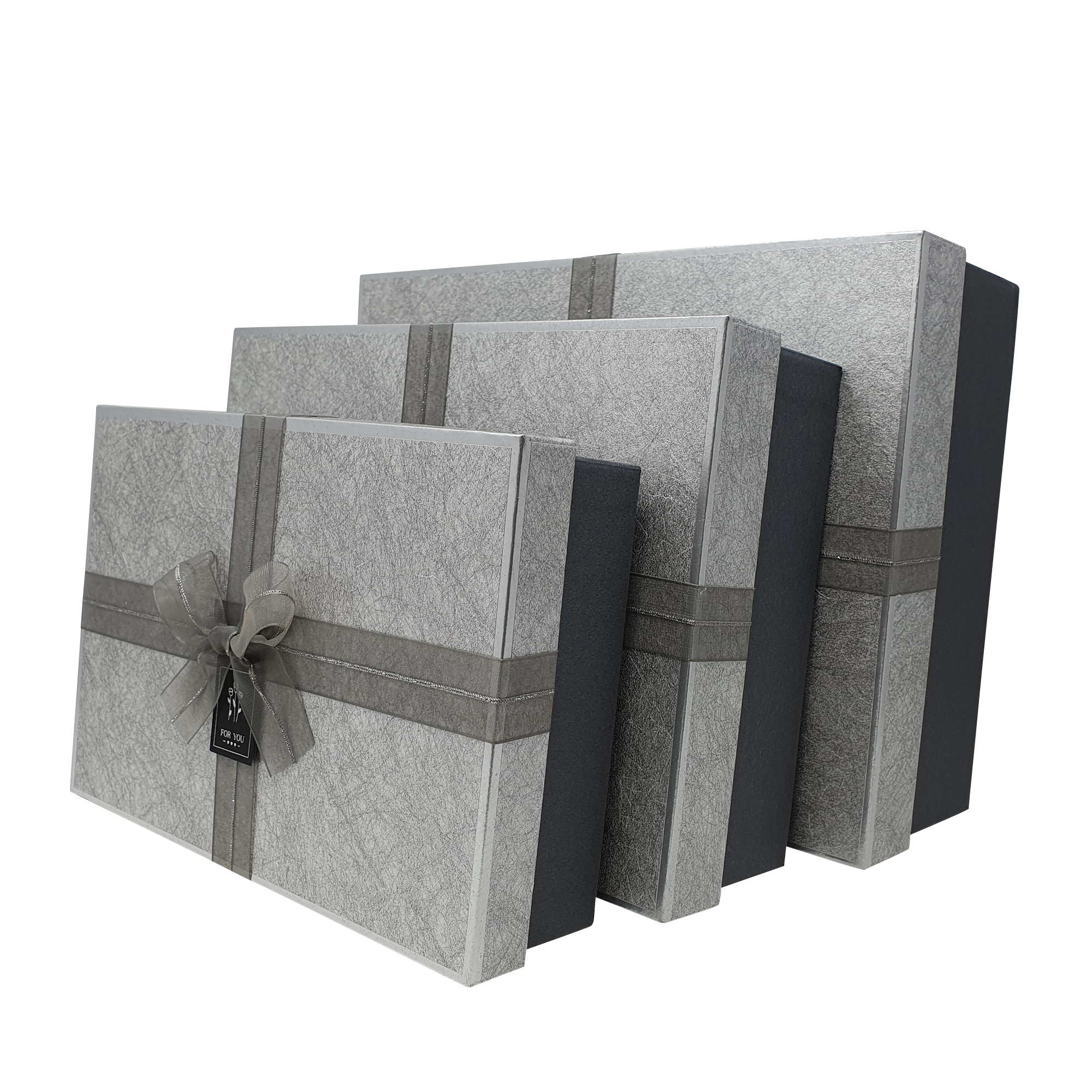 Silver Patterned Gift Box Set with Metallic Ribbon and Bow