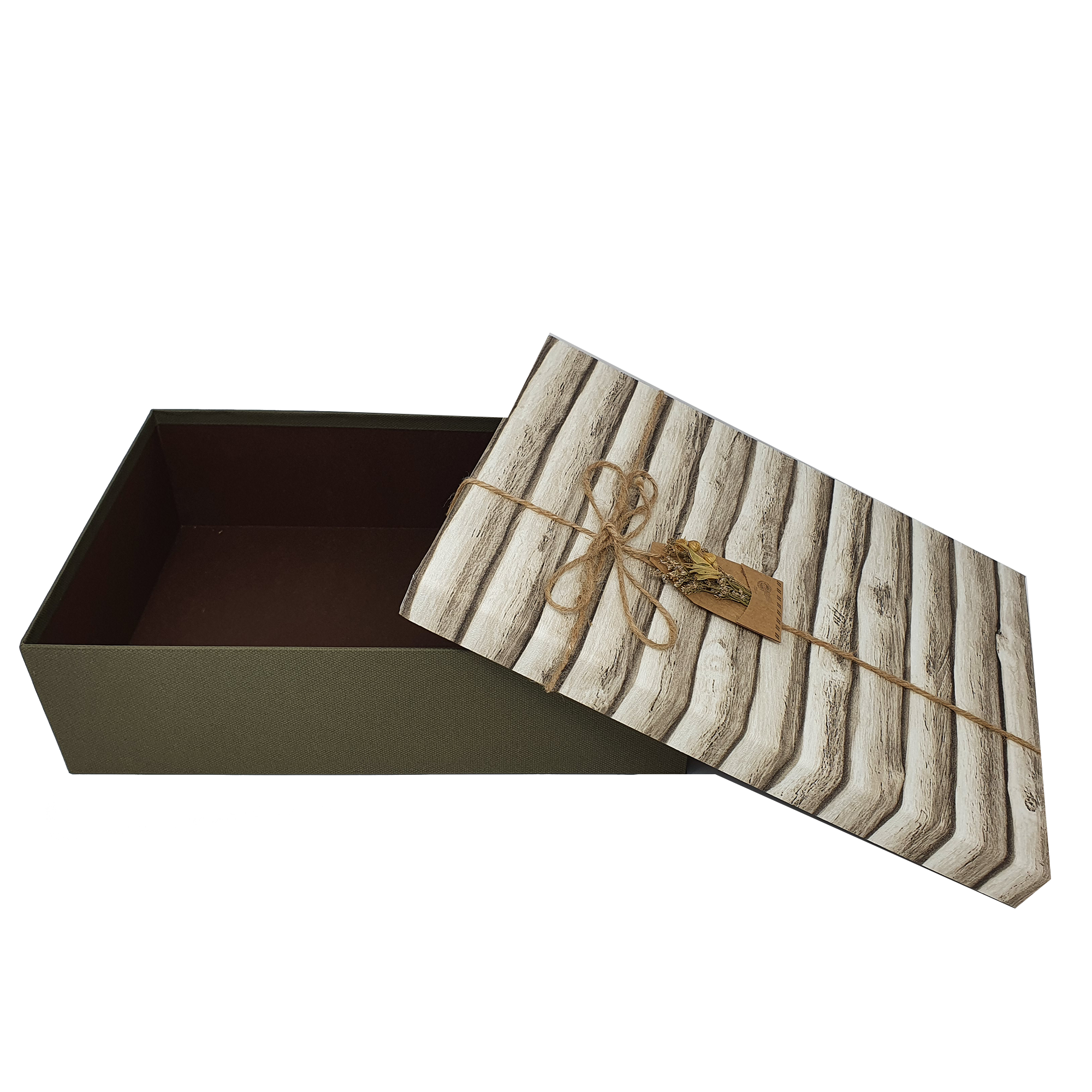 Stabile Geschenkbox in rustikaler Holzoptik mit Band und Schleife
