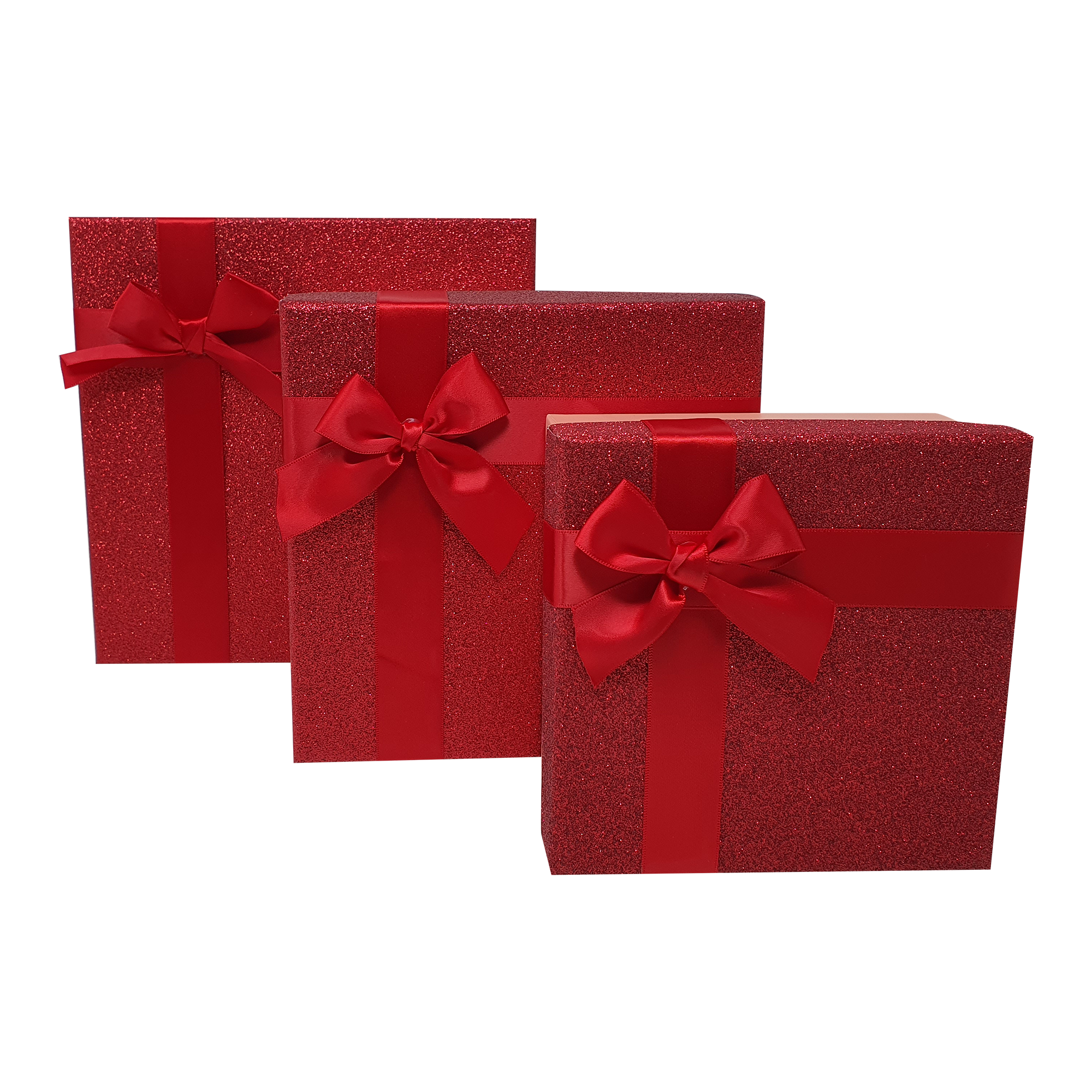 Rote, quadratische, glitzernde, starre, stapelbare Geschenkboxen mit Schleife und Band