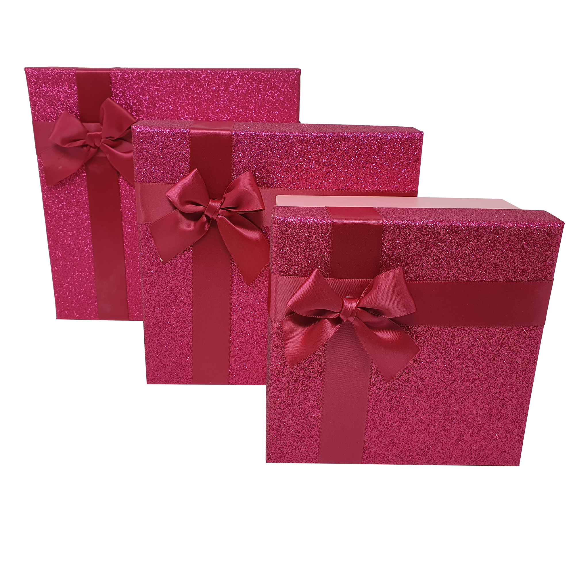 Rosafarbene, quadratische, glitzernde, starre, stapelbare Geschenkboxen mit Schleife und Band