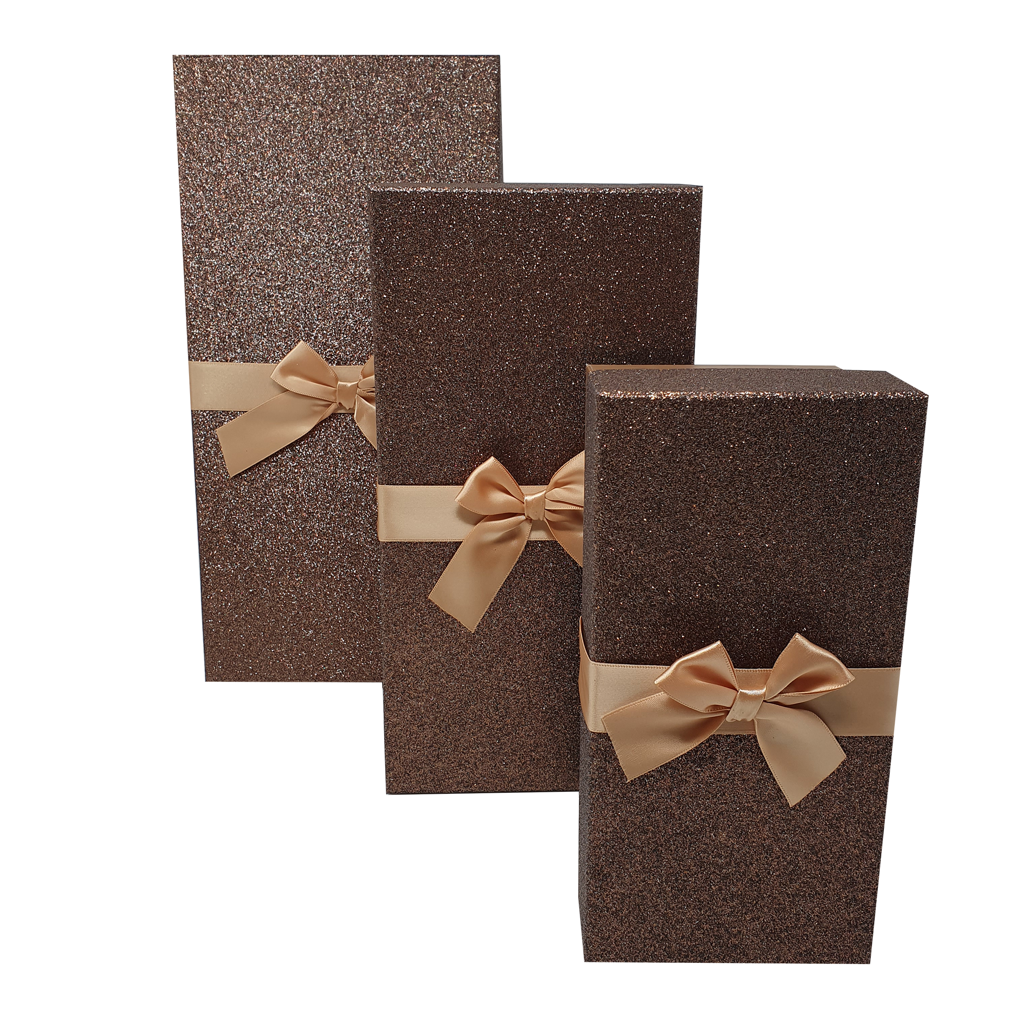 Brown Rectangular Sparkly Glitter Rigid Stacking Gift Boxes with Bow & Ribbon
