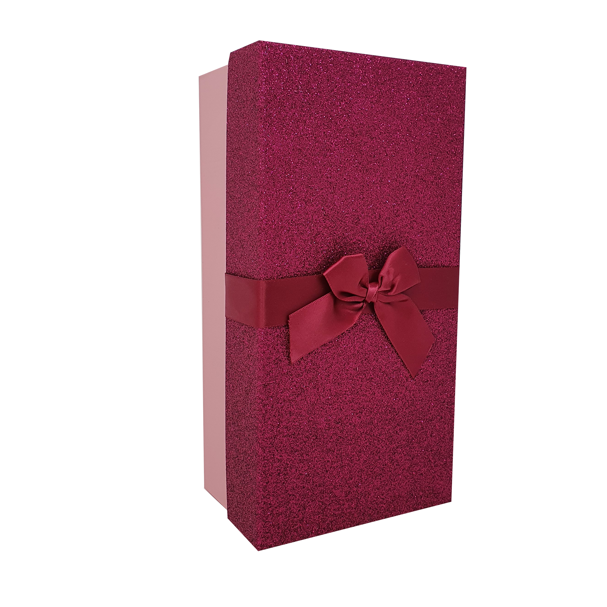 Rosa rechteckige, glitzernde, starre, stapelbare Geschenkboxen mit Schleife und Band