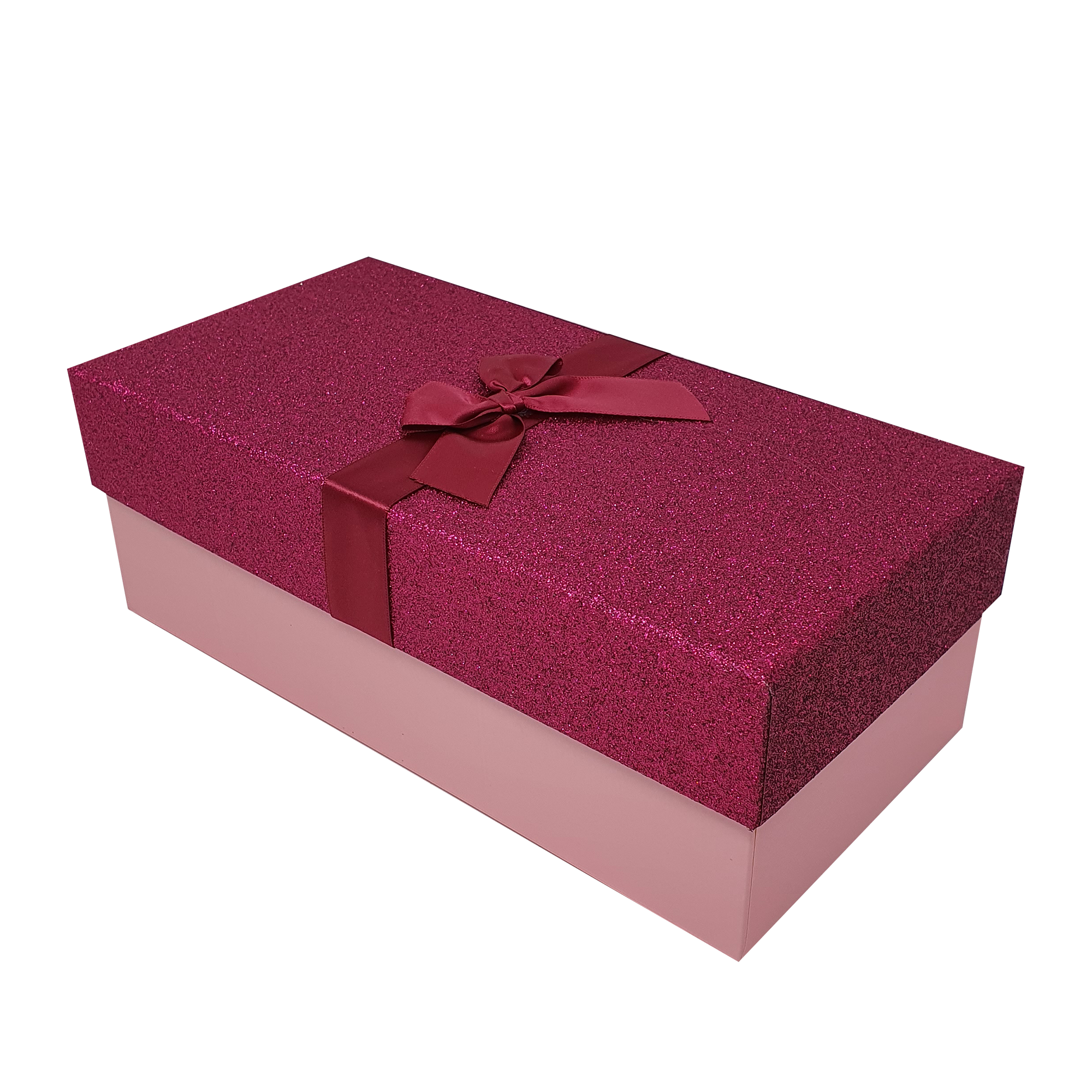 Rosa rechteckige, glitzernde, starre, stapelbare Geschenkboxen mit Schleife und Band