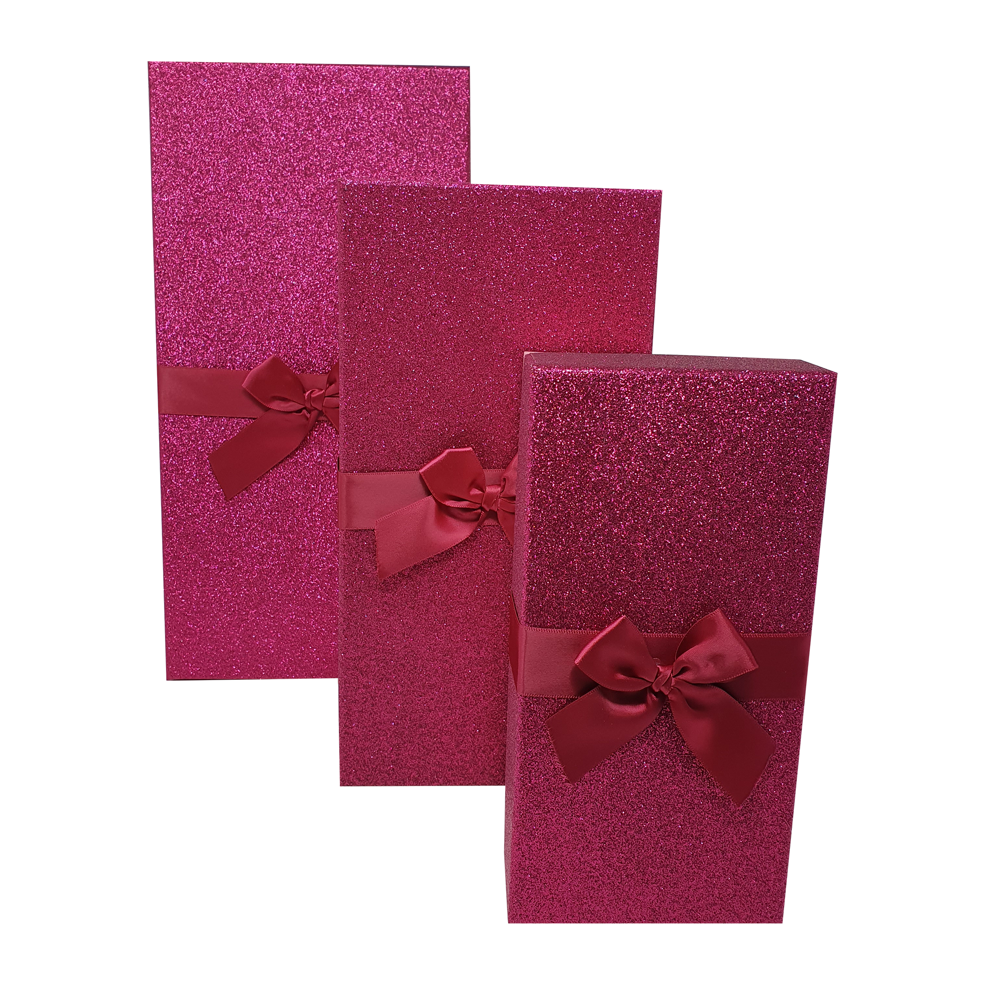 Rosa rechteckige, glitzernde, starre, stapelbare Geschenkboxen mit Schleife und Band