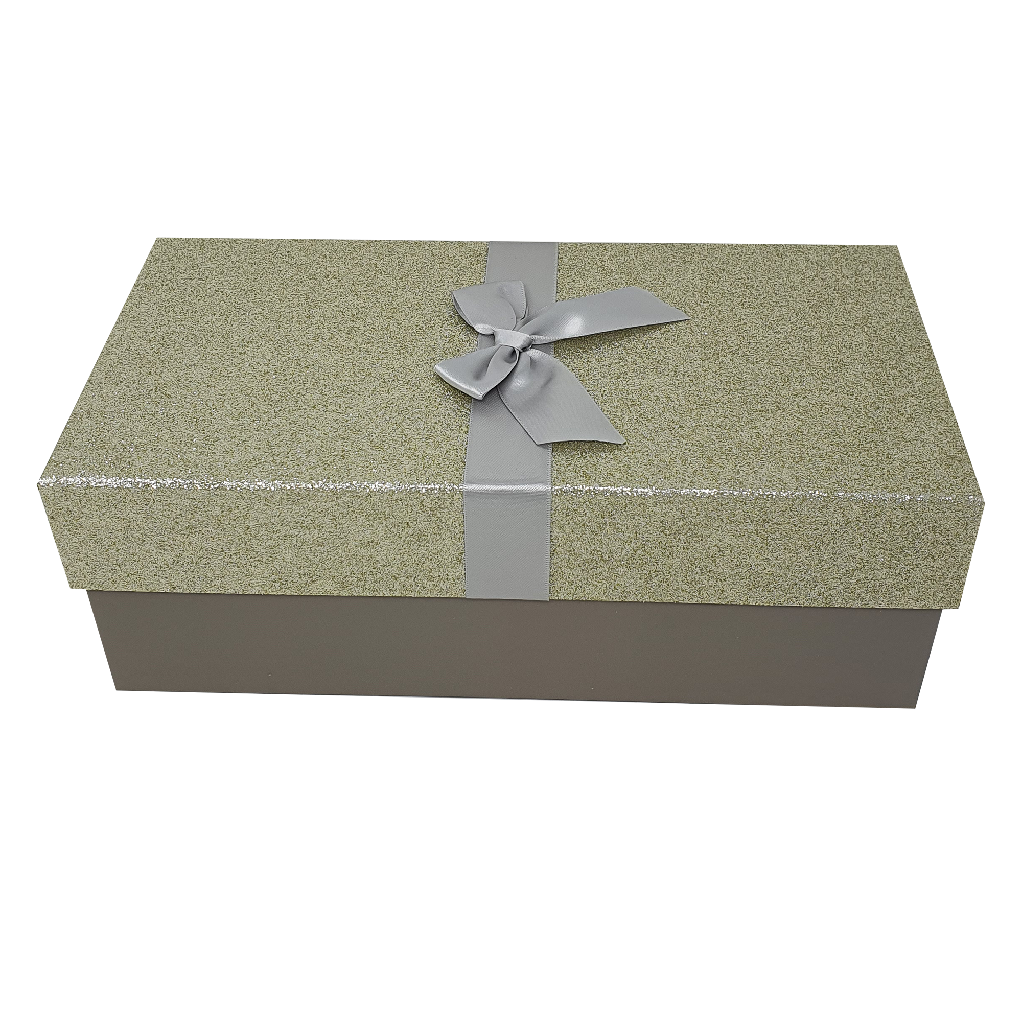 Weiße, rechteckige, glitzernde, starre, stapelbare Geschenkboxen mit Schleife und Band