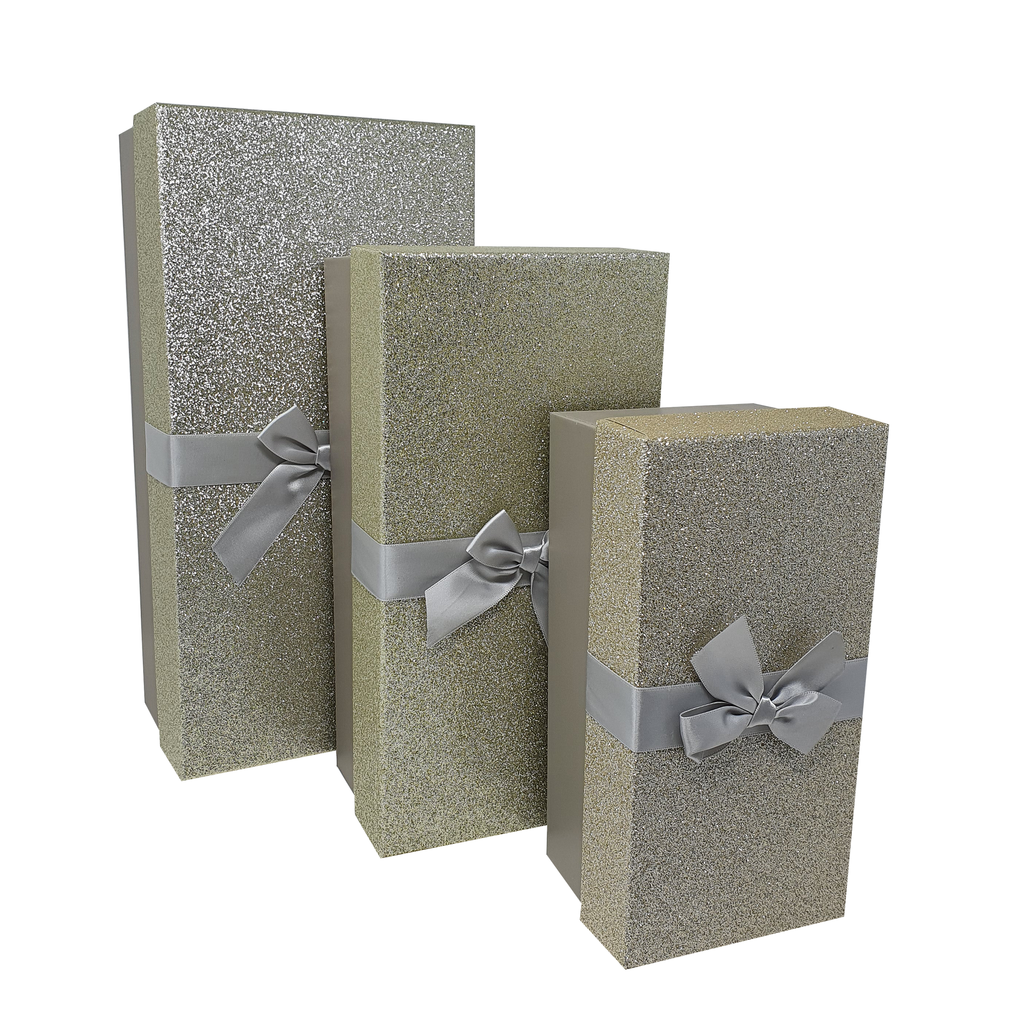 Weiße, rechteckige, glitzernde, starre, stapelbare Geschenkboxen mit Schleife und Band