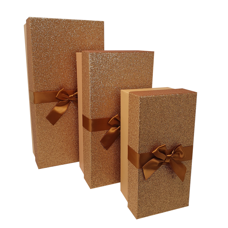Gold Rectangular Sparkly Glitter Rigid Stacking Gift Boxes with Bow & Ribbon