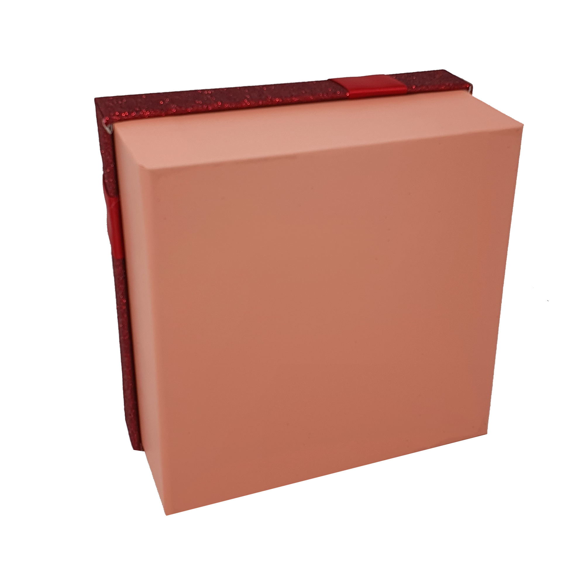 Rote, quadratische, glitzernde, starre, stapelbare Geschenkboxen mit Schleife und Band