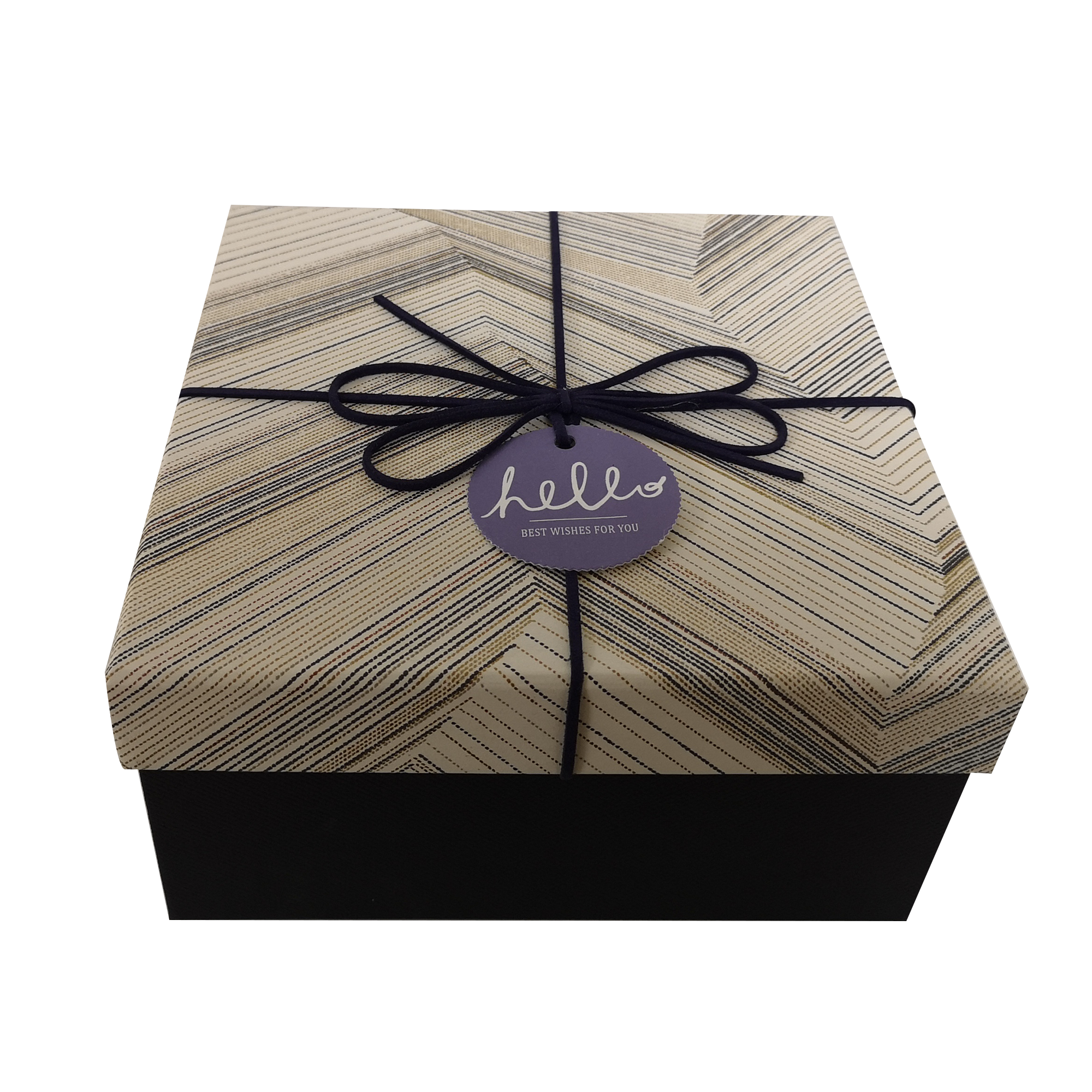 Quadratische, starre, gestreifte, geometrische Geschenkbox mit Band und Anhänger
