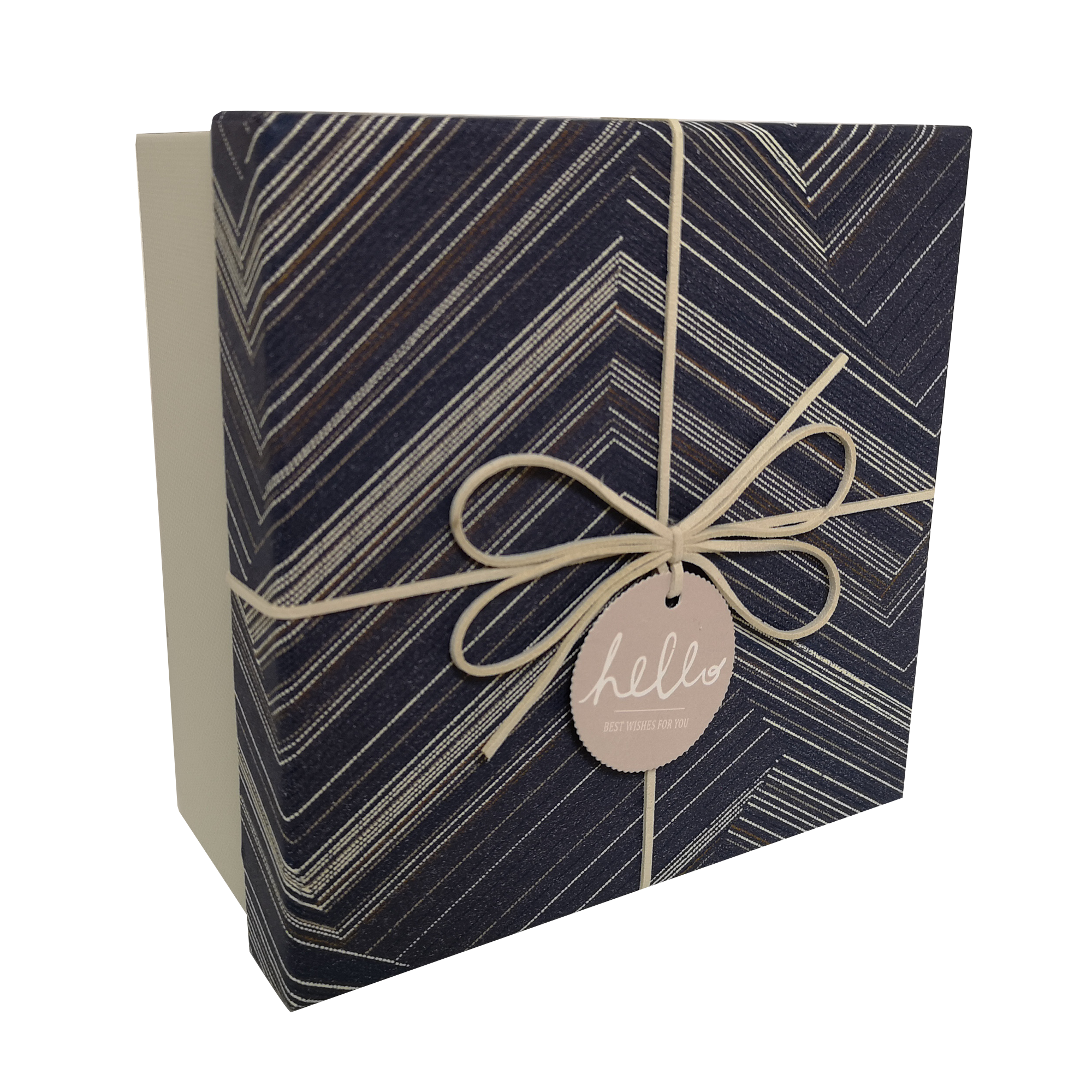 Quadratische, starre, gestreifte, geometrische Geschenkbox mit Band und Anhänger