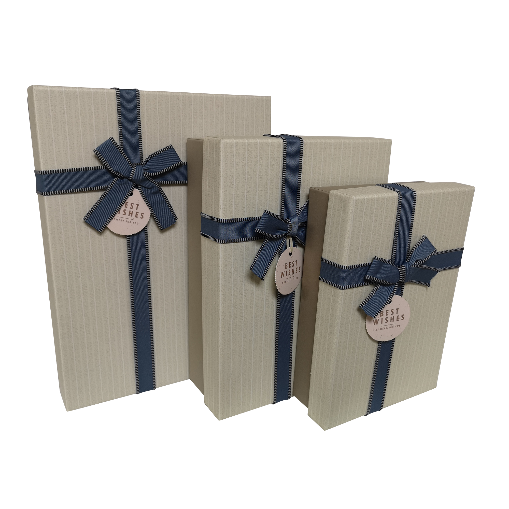 Rechteckige, starre Geschenkbox mit vertikalen Streifen, mit Schleife und Anhänger