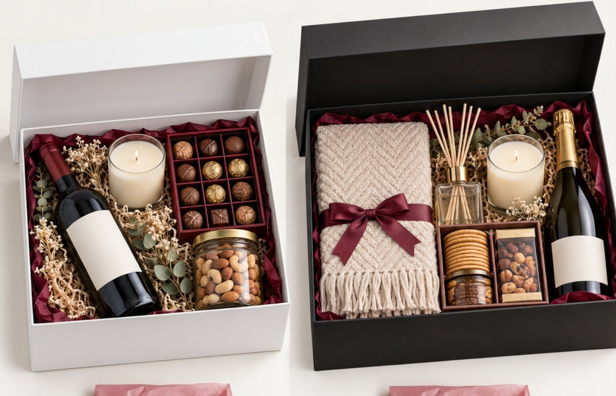 A luxury white gift box filled with red wine, a scented candle, gourmet chocolates, and mixed nuts, placed next to a black gift box filled with a large blanket, diffuser, and champagne