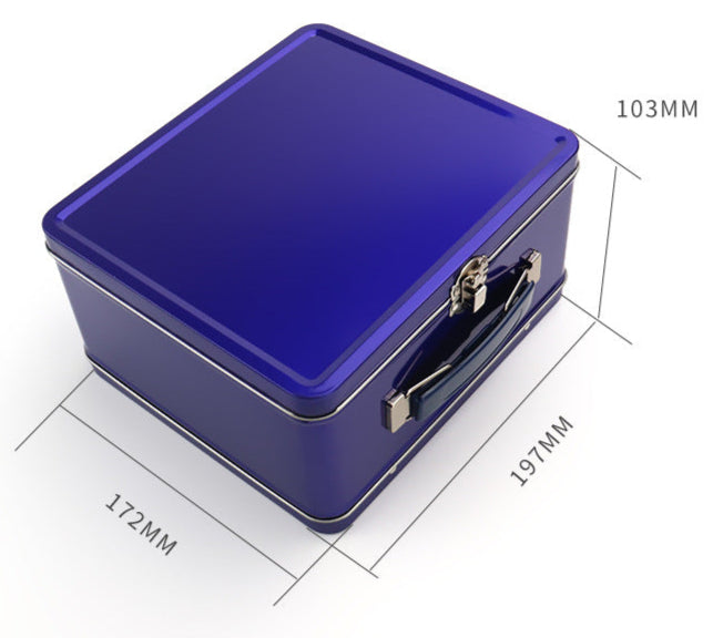 Blue rectangular suitcase tin  with dimensions labelled on a white background