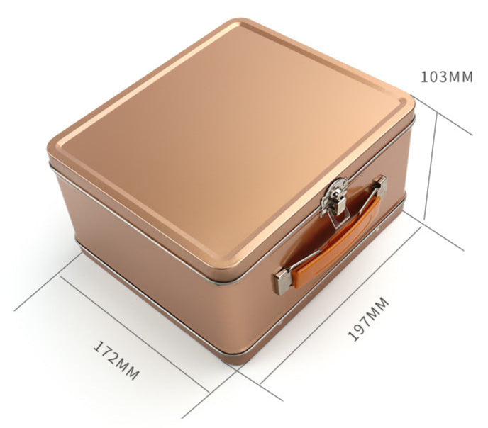 Gold-colored rectangular suitcase tin with dimensions labelled on a white background