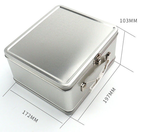 Silver rectangular suitcase tin with dimensions labeled on a white background