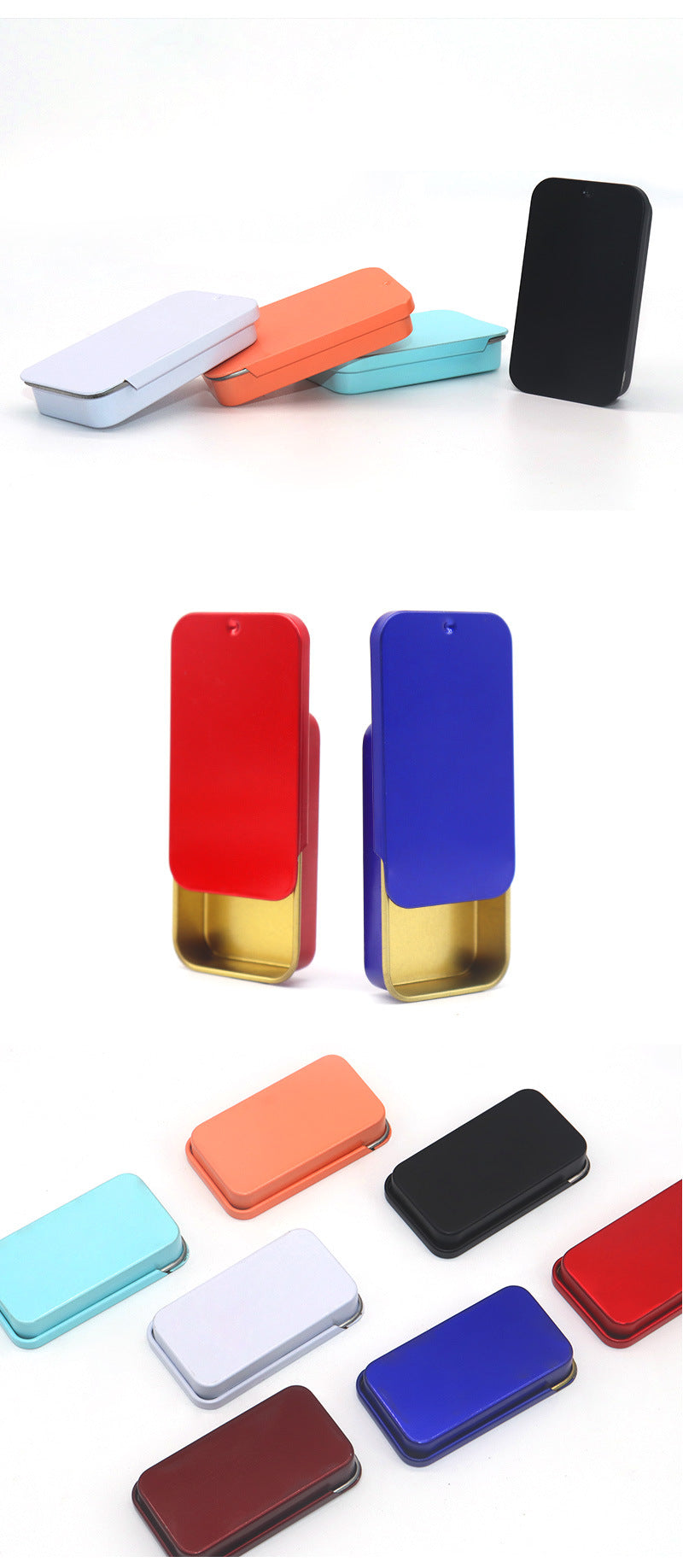Wholesale Cherry blossom pink/ Apple green/ Lavender purple/ Rose red/ Gold/ Blue Rectangular Tin Box with Sliding Lid