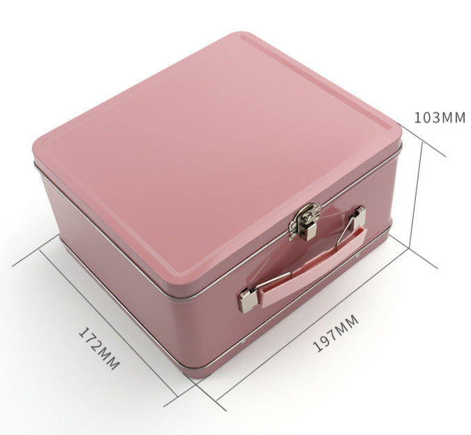 Pink suitcase with dimensions labeled on a white background