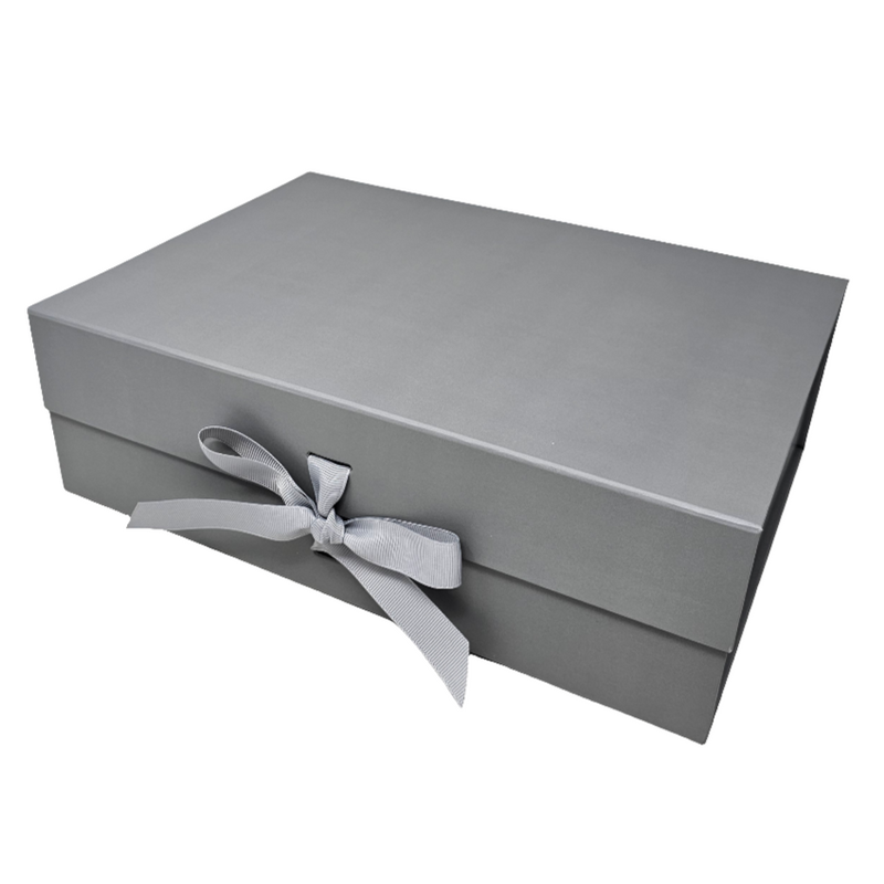 Wholesale A4 Size Silver Grey Folding Magnetic Gift Box with Changeable Ribbon