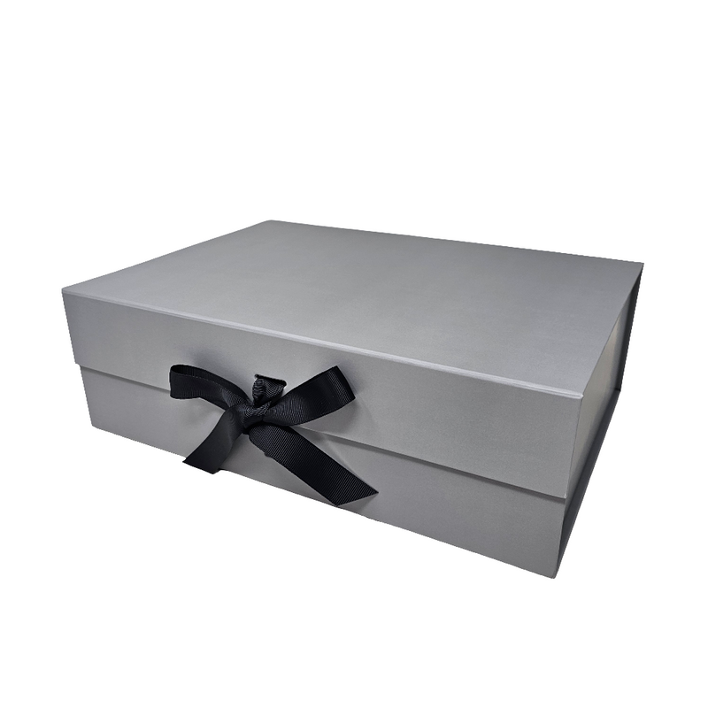 Wholesale A4 Size Silver Grey Folding Magnetic Gift Box with Changeable Ribbon