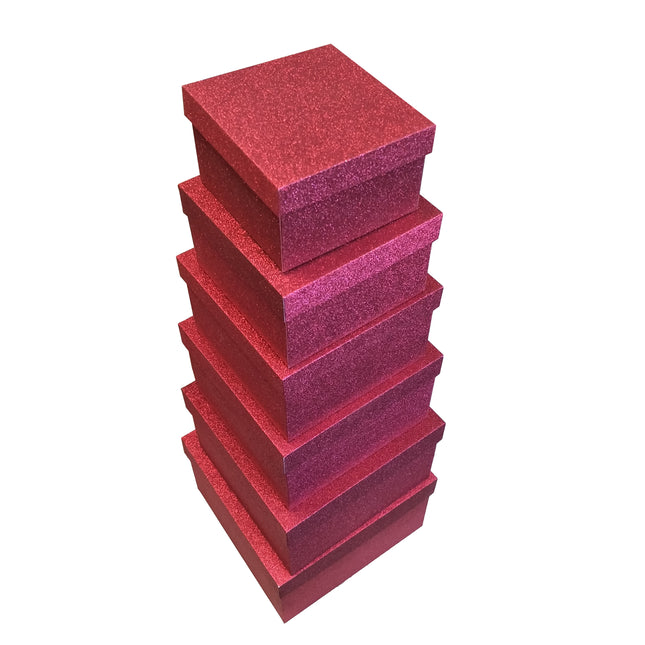 Red Square Glitter Rigid Storage Decoration Gift Box Set of 6 Pieces With Lid - Ld Packagingmall