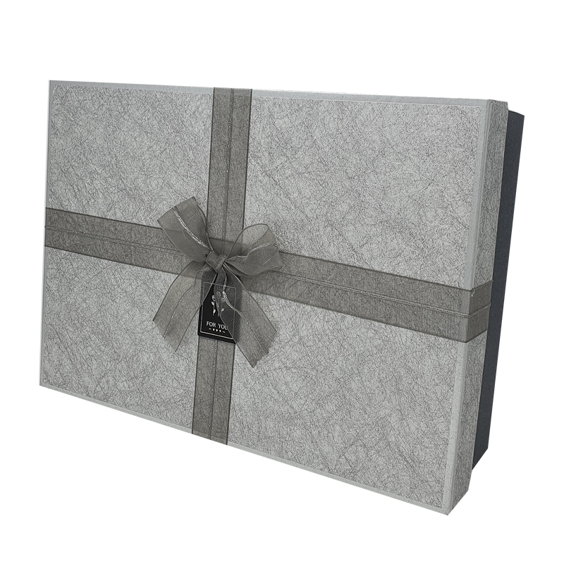 Silver Patterned Gift Box Set with Metallic Ribbon and Bow