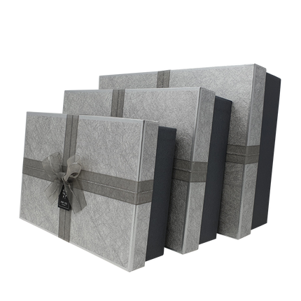 Silver Patterned Gift Box Set with Metallic Ribbon and Bow