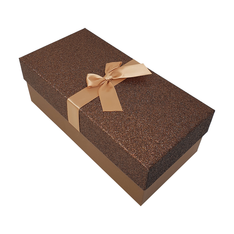 Brown Rectangular Sparkly Glitter Rigid Stacking Gift Boxes with Bow & Ribbon