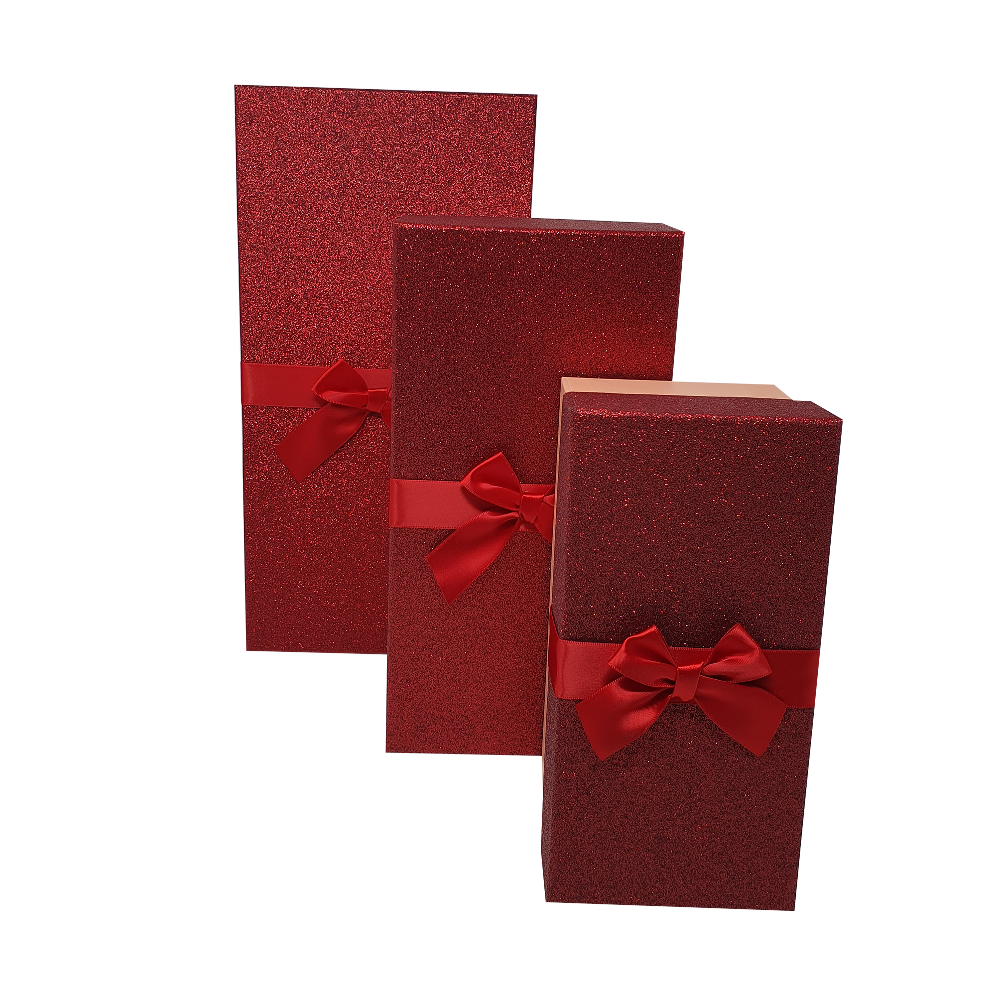 Red Rectangular Sparkly Glitter Rigid Stacking Gift Boxes with Bow & Ribbon