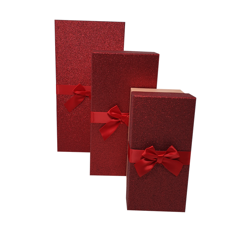 Red Rectangular Sparkly Glitter Rigid Stacking Gift Boxes with Bow & Ribbon