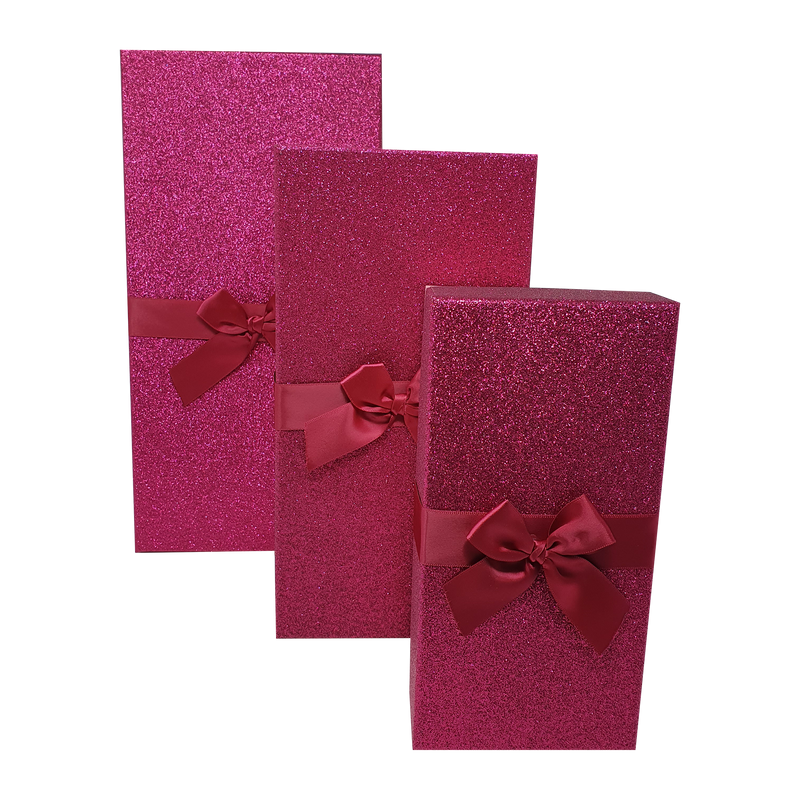 Pink Rectangular Sparkly Glitter Rigid Stacking Gift Boxes with Bow & Ribbon