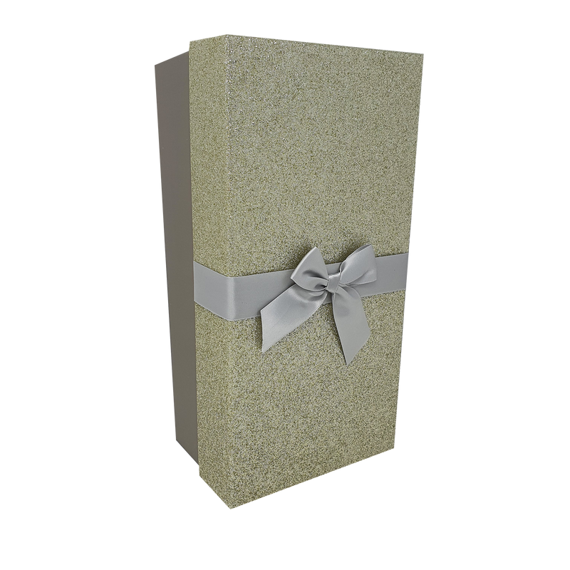 White Rectangular Sparkly Glitter Rigid Stacking Gift Boxes with Bow & Ribbon