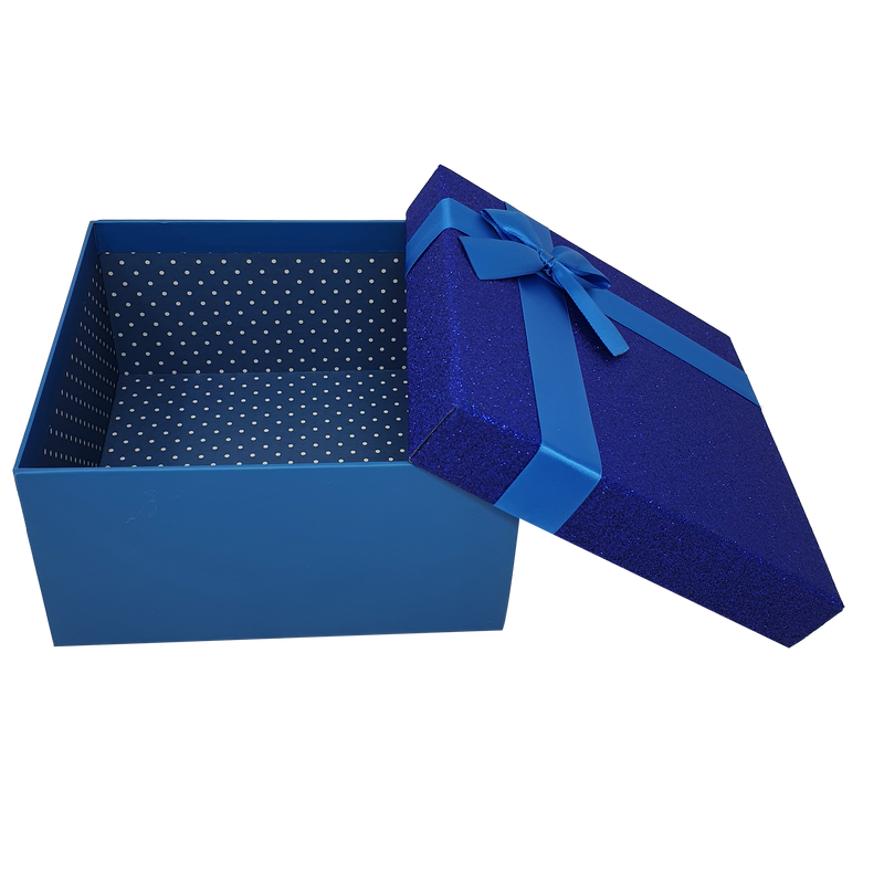 Blue Square Sparkly Glitter Rigid Stacking Gift Boxes with Bow & Ribbon