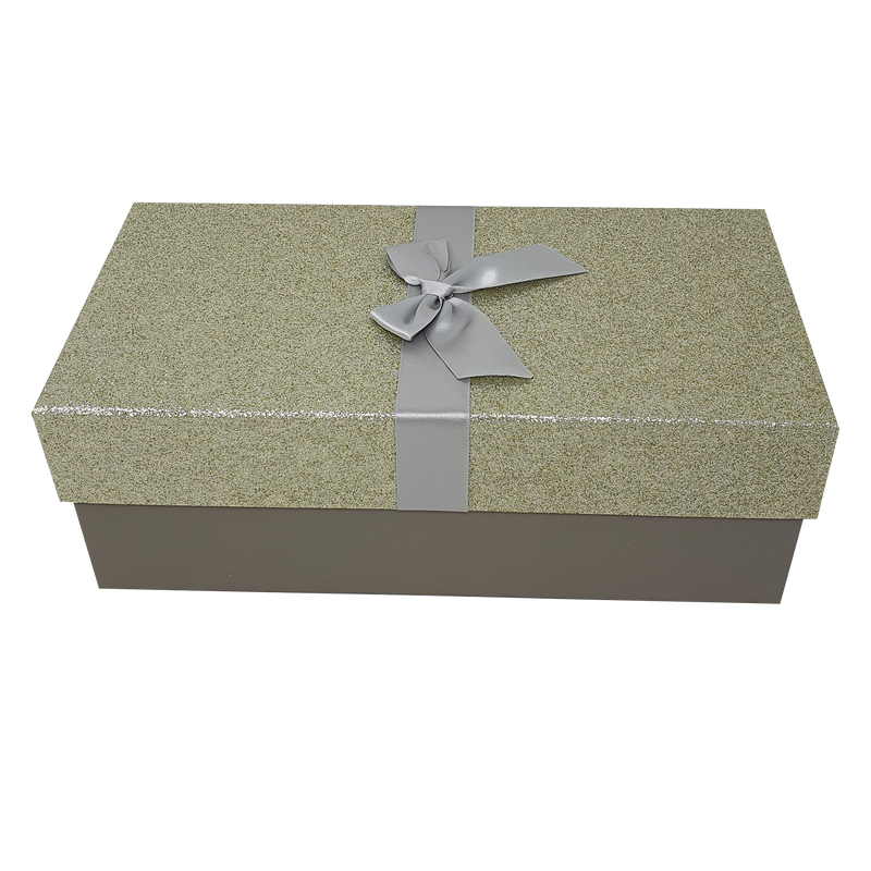 White Rectangular Sparkly Glitter Rigid Stacking Gift Boxes with Bow & Ribbon