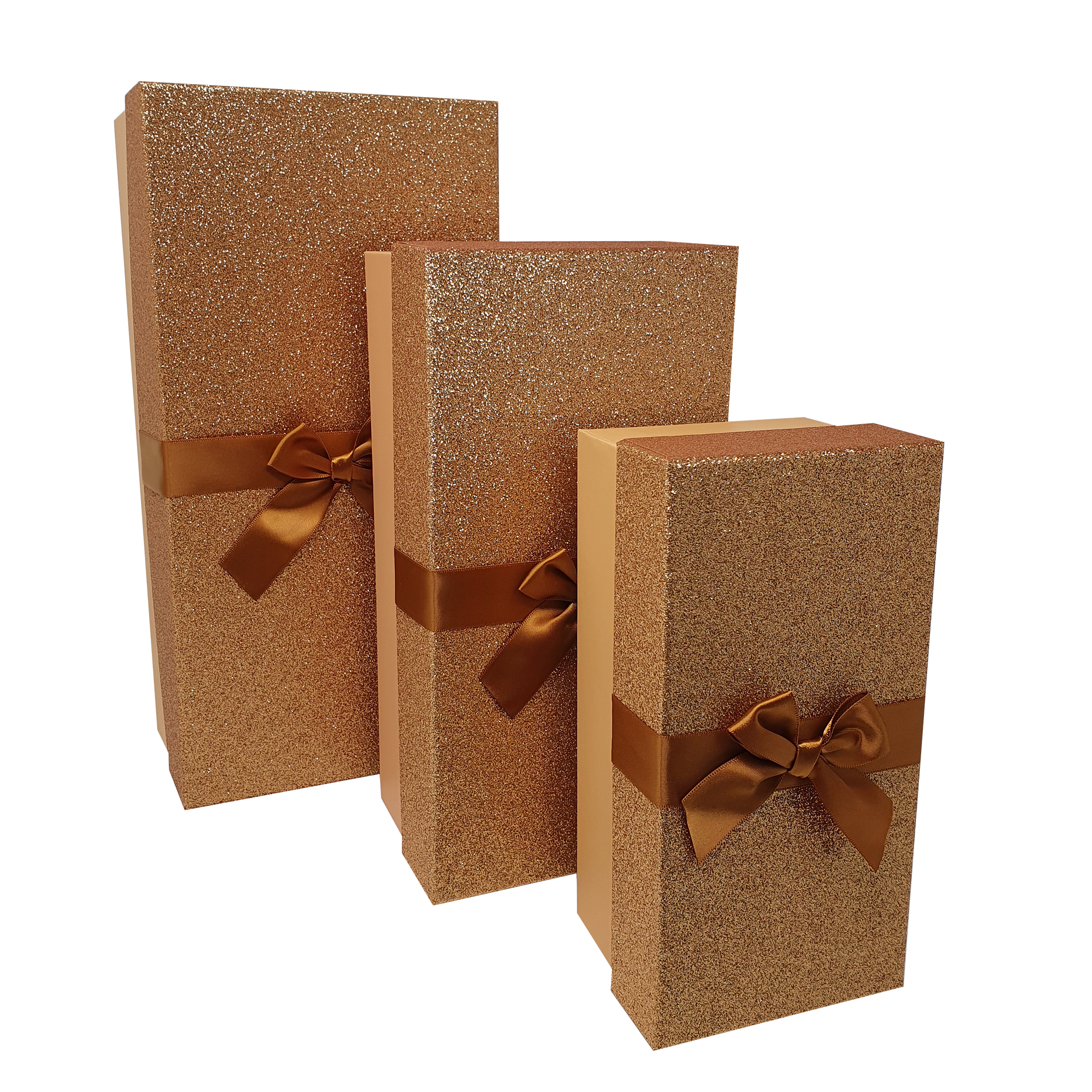 Gold Rectangular Sparkly Glitter Rigid Stacking Gift Boxes with Bow & Ribbon